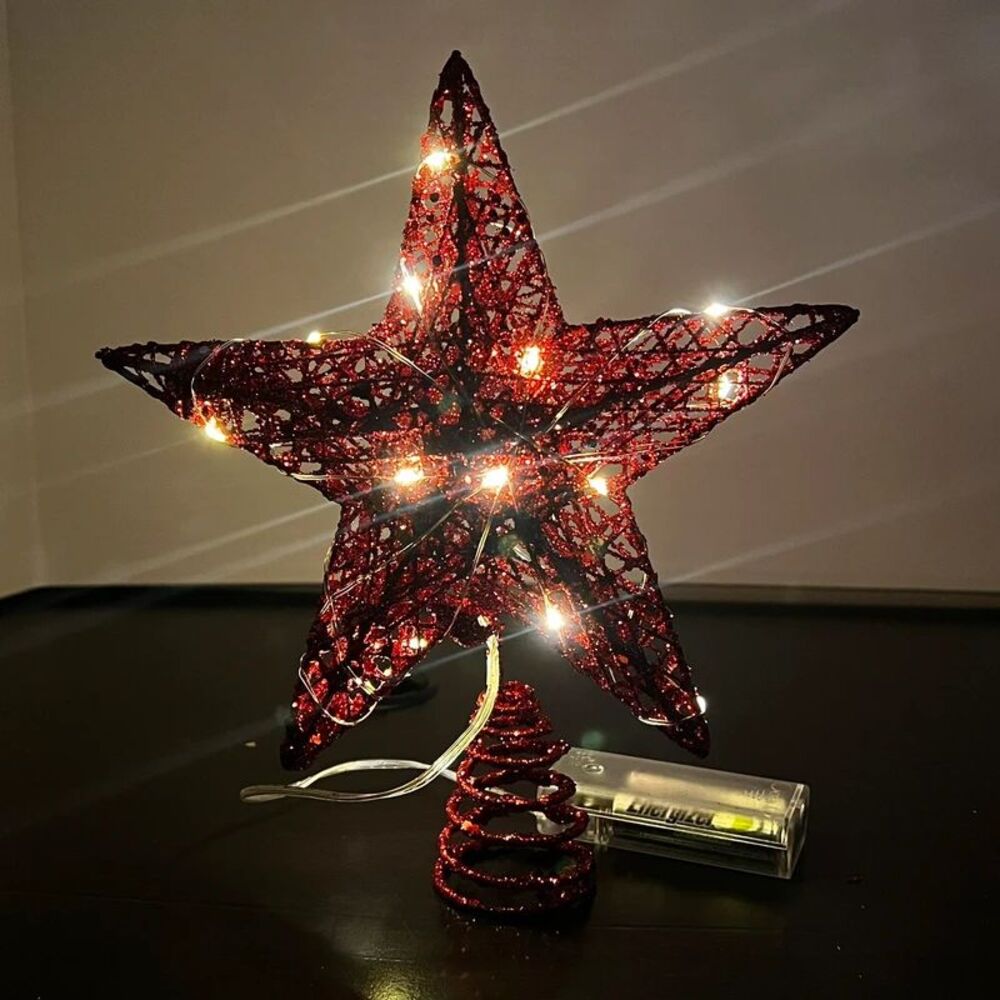 Red Glitter Star Christmas Tree Topper Lighted Battery Operated 3 Mode LED